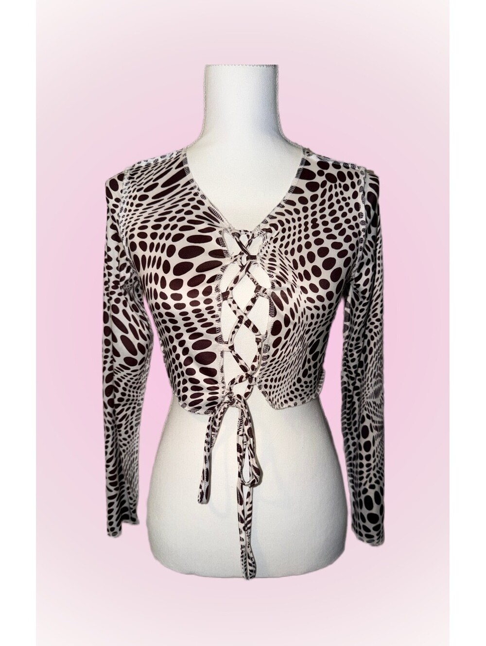 Womens Size Small Brown & White Retro Style Cropped Top with Tie Front